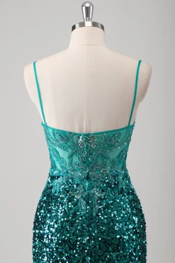 Peacock verde sereia espaguete alças longo vestido de baile com lantejoulas