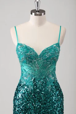 Peacock verde sereia espaguete alças longo vestido de baile com lantejoulas