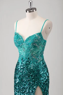 Peacock verde sereia espaguete alças longo vestido de baile com lantejoulas