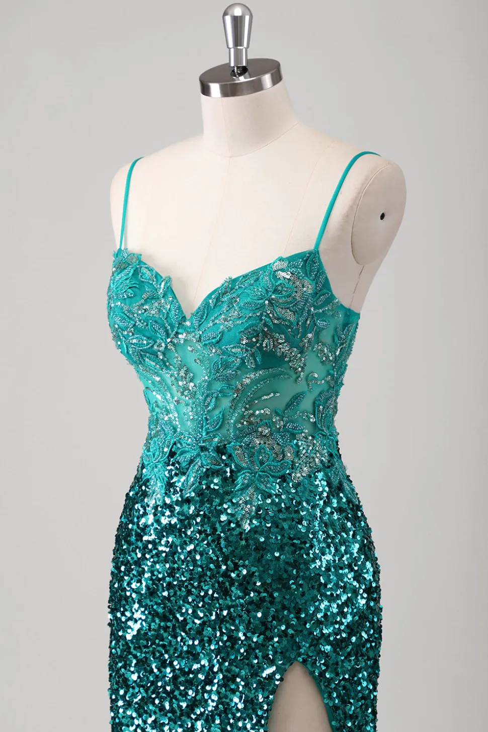 Peacock verde sereia espaguete alças longo vestido de baile com lantejoulas