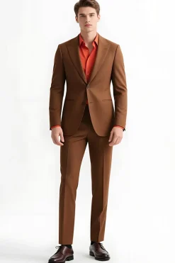 Peak Lapel 2 Piece Single Breasted Slim Fit Fatos Castanhos Masculinos
