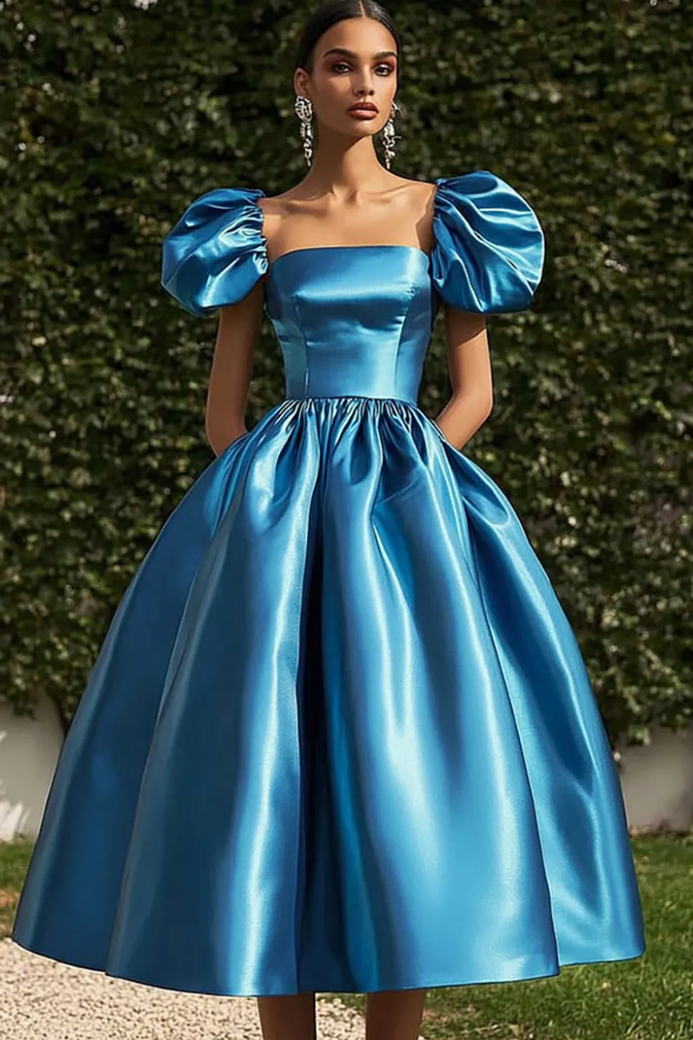 Pescoço Quadrado Mangas Curtas Cetim Azul Uma Linha Vestido de Gala