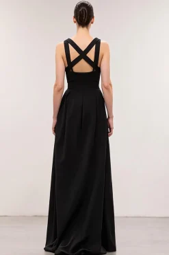Pescoço quadrado preto Um vestido de noite longo linha