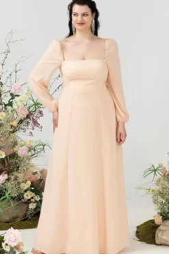 Pescoço Quadrado Pêssego Vestido de Dama de Honor