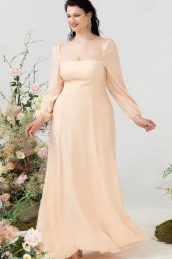 Pescoço Quadrado Pêssego Vestido de Dama de Honor