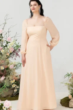Pescoço Quadrado Pêssego Vestido de Dama de Honor