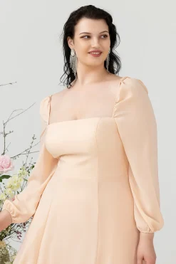 Pescoço Quadrado Pêssego Vestido de Dama de Honor