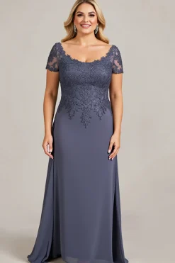 Pescoço Redondo Crepúsculo Chiffon Tamanhos Grandes Vestido Mae Noiva com Renda