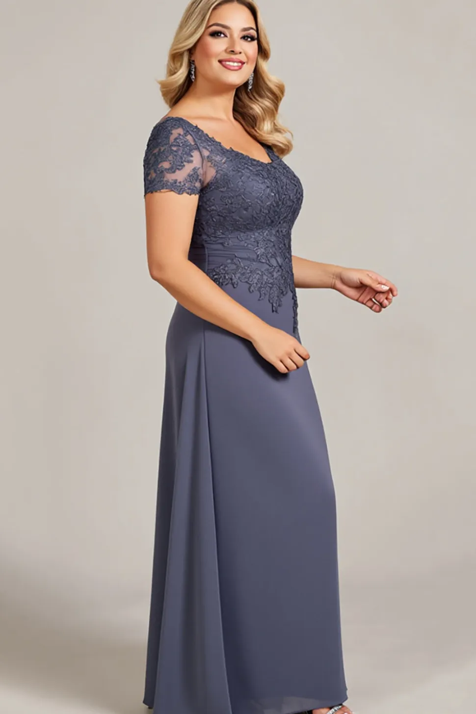 Pescoço Redondo Crepúsculo Chiffon Tamanhos Grandes Vestido Mae Noiva com Renda