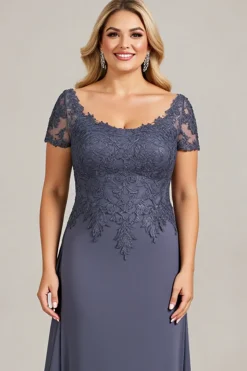 Pescoço Redondo Crepúsculo Chiffon Tamanhos Grandes Vestido Mae Noiva com Renda