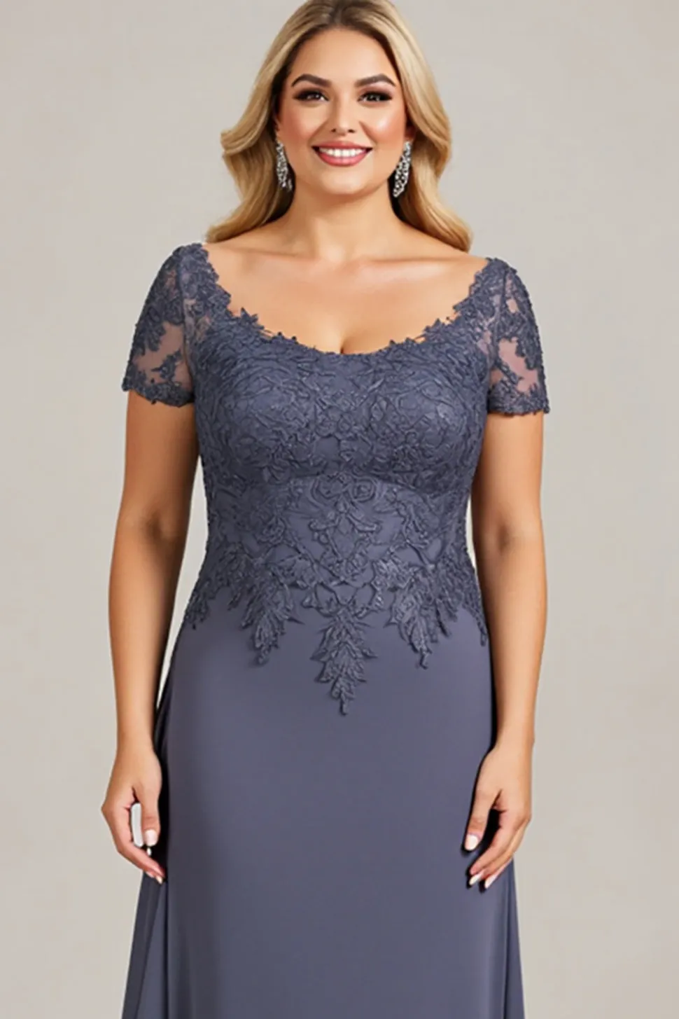Pescoço Redondo Crepúsculo Chiffon Tamanhos Grandes Vestido Mae Noiva com Renda