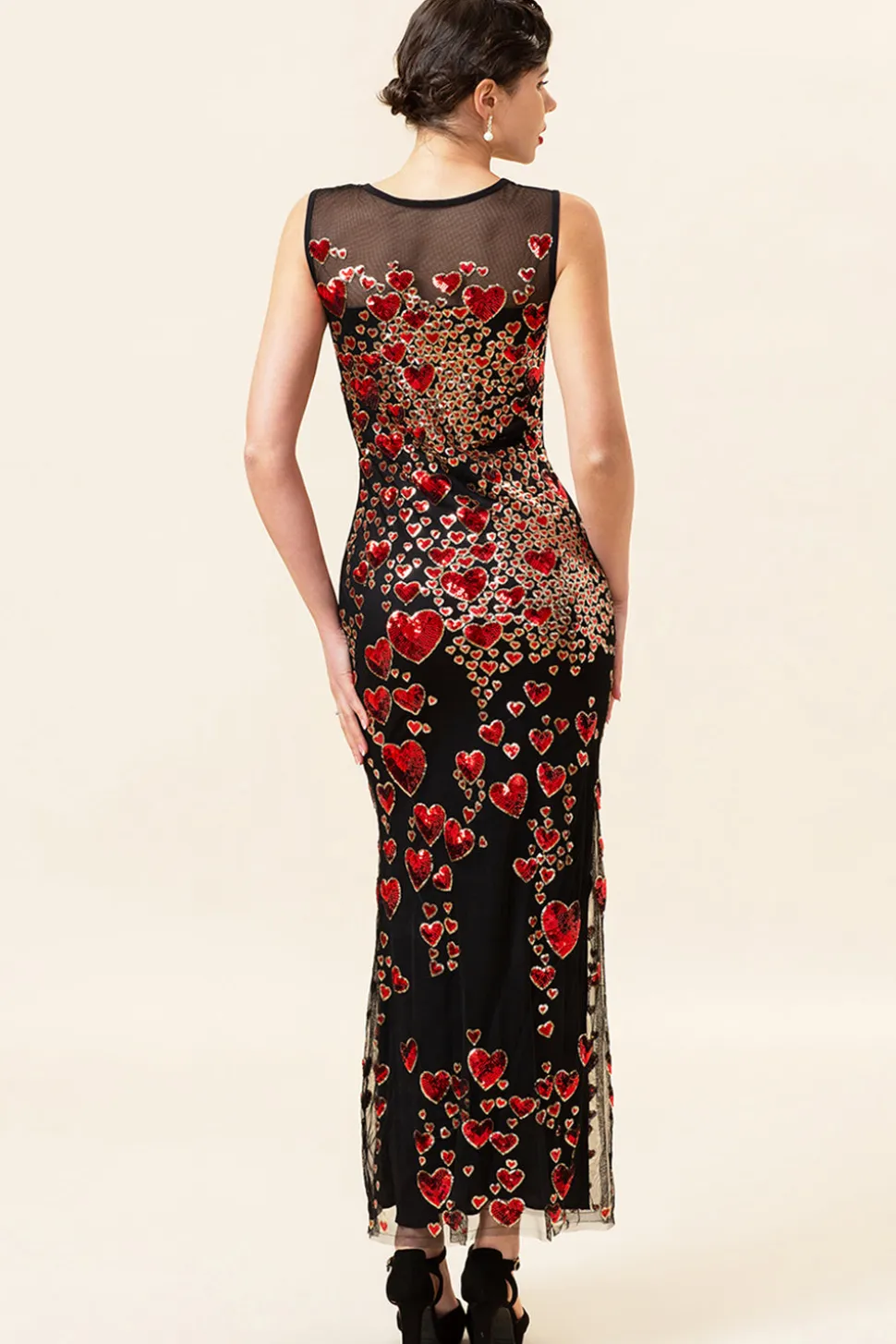 Pescoço Redondo Preto Vermelho 1920s Vestido