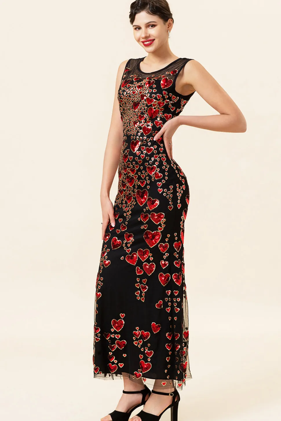 Pescoço Redondo Preto Vermelho 1920s Vestido