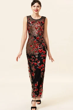 Pescoço Redondo Preto Vermelho 1920s Vestido
