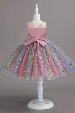 Pescoço Redondo Rosa Vestido de Menina