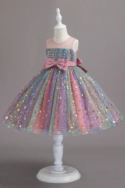 Pescoço Redondo Rosa Vestido de Menina