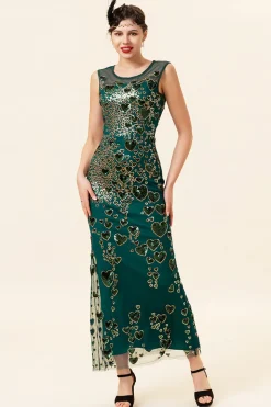 Pescoço Redondo Verde Escuro 1920s Vestido Com Contas