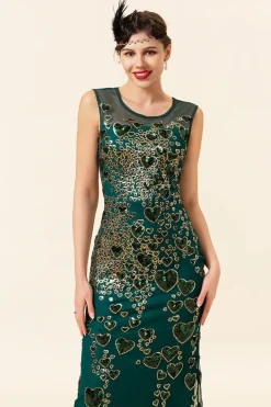 Pescoço Redondo Verde Escuro 1920s Vestido Com Contas