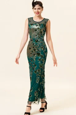 Pescoço Redondo Verde Escuro 1920s Vestido Com Contas