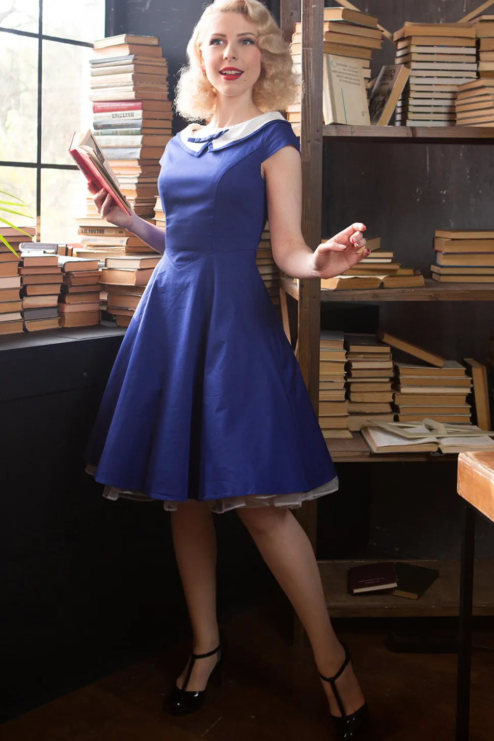 Peter Pan Collar Vestido Azul Royal