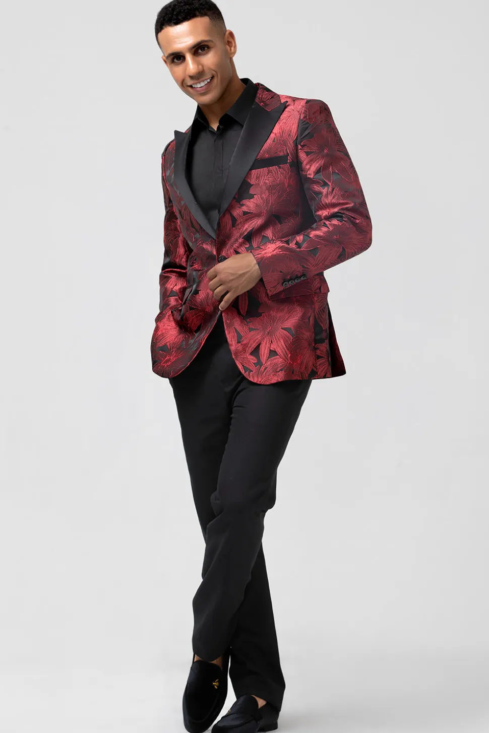 Pico Lapela Borgonha Jacquard Um Botão 2 Peças Homens Prom Ternos