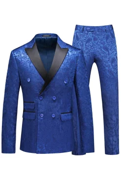 Pico Lapela Jacquard 2 Peças Azul Duplo Peito Ternos Masculinos