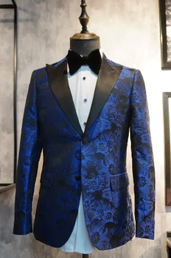 Pico Lapela Jacquard Dois Botões Royal Blue Single Peito Masculino Prom Blazer