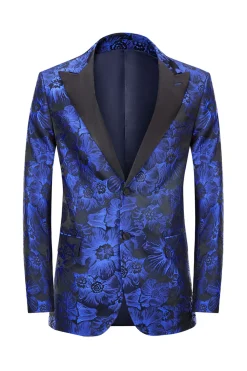 Pico Lapela Jacquard Royal Blue Single Peito Masculino Prom Blazer