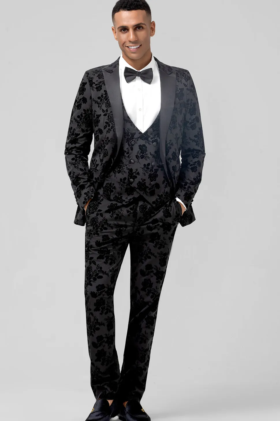 Pico Lapela Preto Jacquard 3 Peça Um Botão Masculino Prom Suits