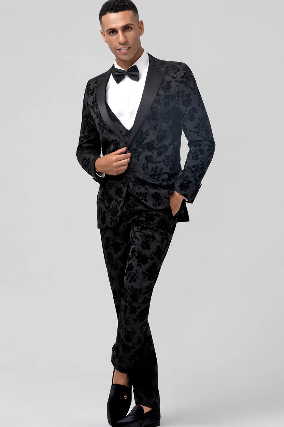 Pico Lapela Preto Jacquard 3 Peça Um Botão Masculino Prom Suits