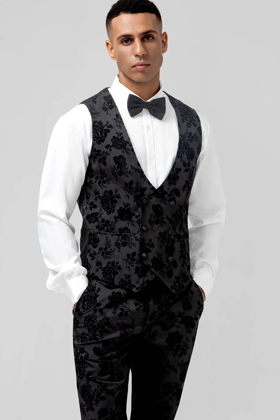 Pico Lapela Preto Jacquard 3 Peça Um Botão Masculino Prom Suits