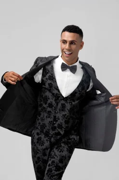 Pico Lapela Preto Jacquard 3 Peça Um Botão Masculino Prom Suits