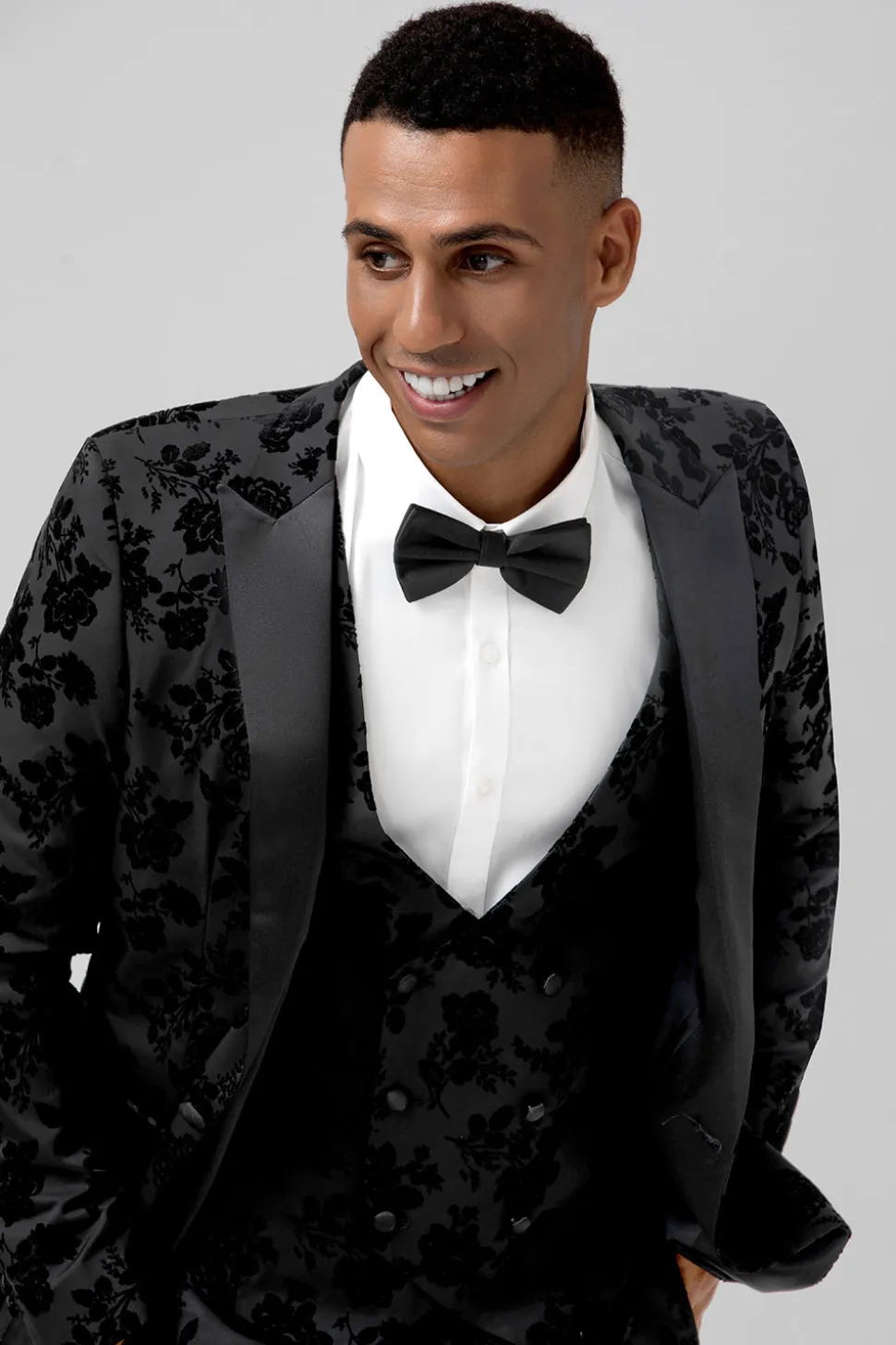 Pico Lapela Preto Jacquard 3 Peça Um Botão Masculino Prom Suits