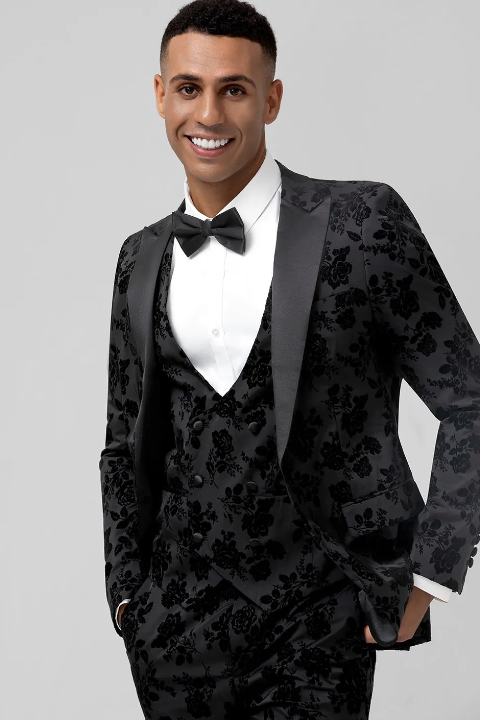 Pico Lapela Preto Jacquard 3 Peça Um Botão Masculino Prom Suits