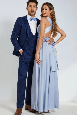 Pico Lapela Um Botão Azul Escuro Jacquard Homens Wedding Party Suits