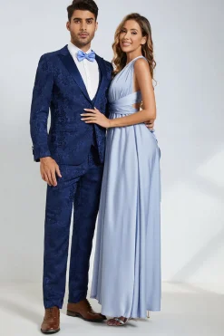 Pico Lapela Um Botão Azul Escuro Jacquard Homens Wedding Party Suits