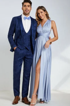 Pico Lapela Um Botão Azul Escuro Jacquard Homens Wedding Party Suits