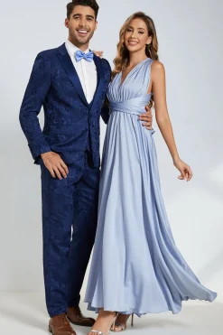 Pico Lapela Um Botão Azul Escuro Jacquard Homens Wedding Party Suits