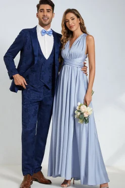 Pico Lapela Um Botão Azul Escuro Jacquard Homens Wedding Party Suits