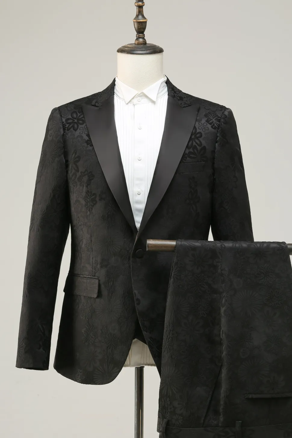Pico Lapela Um Botão Azul Escuro Jacquard Homens Wedding Party Suits