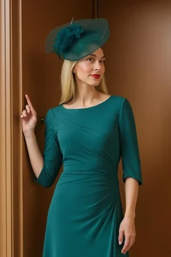 Pine Bateau Neck Ruched 3/4 Manga Mãe do Vestido da Noiva com Folhos