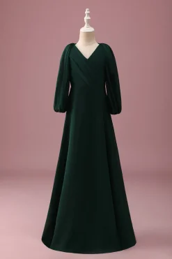 Pine Green A-Line V-Neck Chiffon Junior Vestido Madrinha com mangas compridas