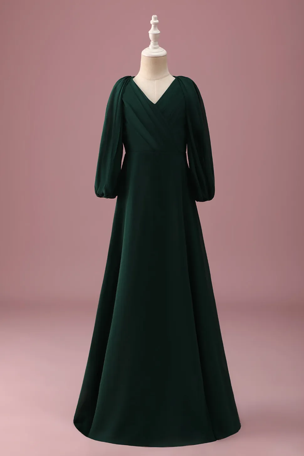 Pine Green A-Line V-Neck Chiffon Junior Vestido Madrinha com mangas compridas