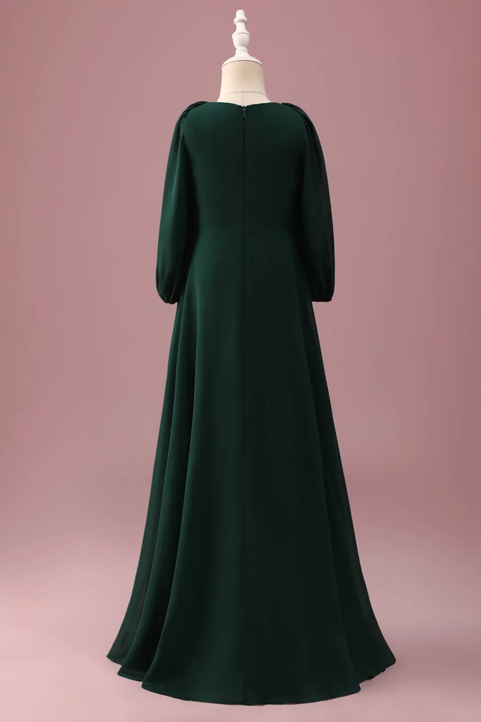 Pine Green A-Line V-Neck Chiffon Junior Vestido Madrinha com mangas compridas