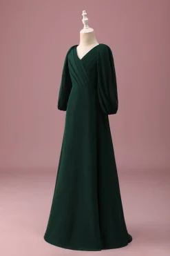 Pine Green A-Line V-Neck Chiffon Junior Vestido Madrinha com mangas compridas