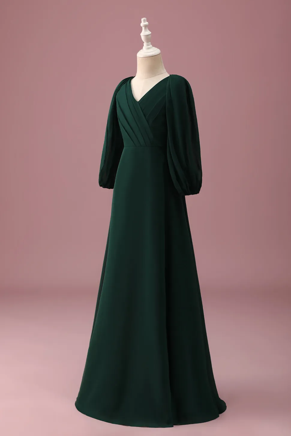 Pine Green A-Line V-Neck Chiffon Junior Vestido Madrinha com mangas compridas