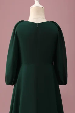 Pine Green A-Line V-Neck Chiffon Junior Vestido Madrinha com mangas compridas