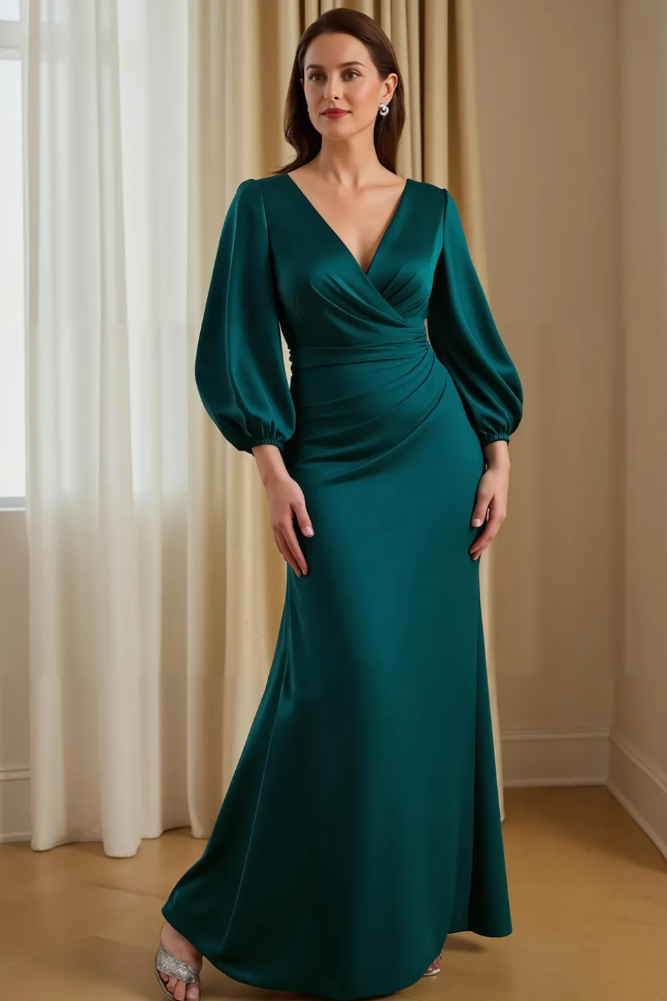 Pinheiro Cetim Sereia V-Neck Long Mãe do Vestido da Noiva com Mangas