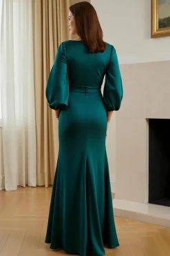 Pinheiro Cetim Sereia V-Neck Long Mãe do Vestido da Noiva com Mangas