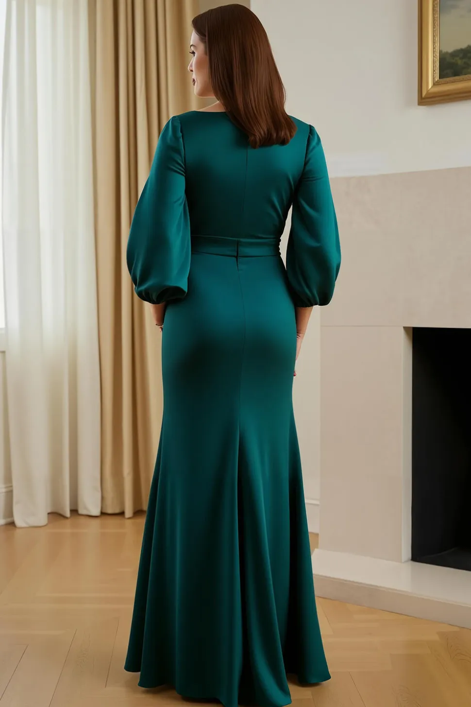 Pinheiro Cetim Sereia V-Neck Long Mãe do Vestido da Noiva com Mangas